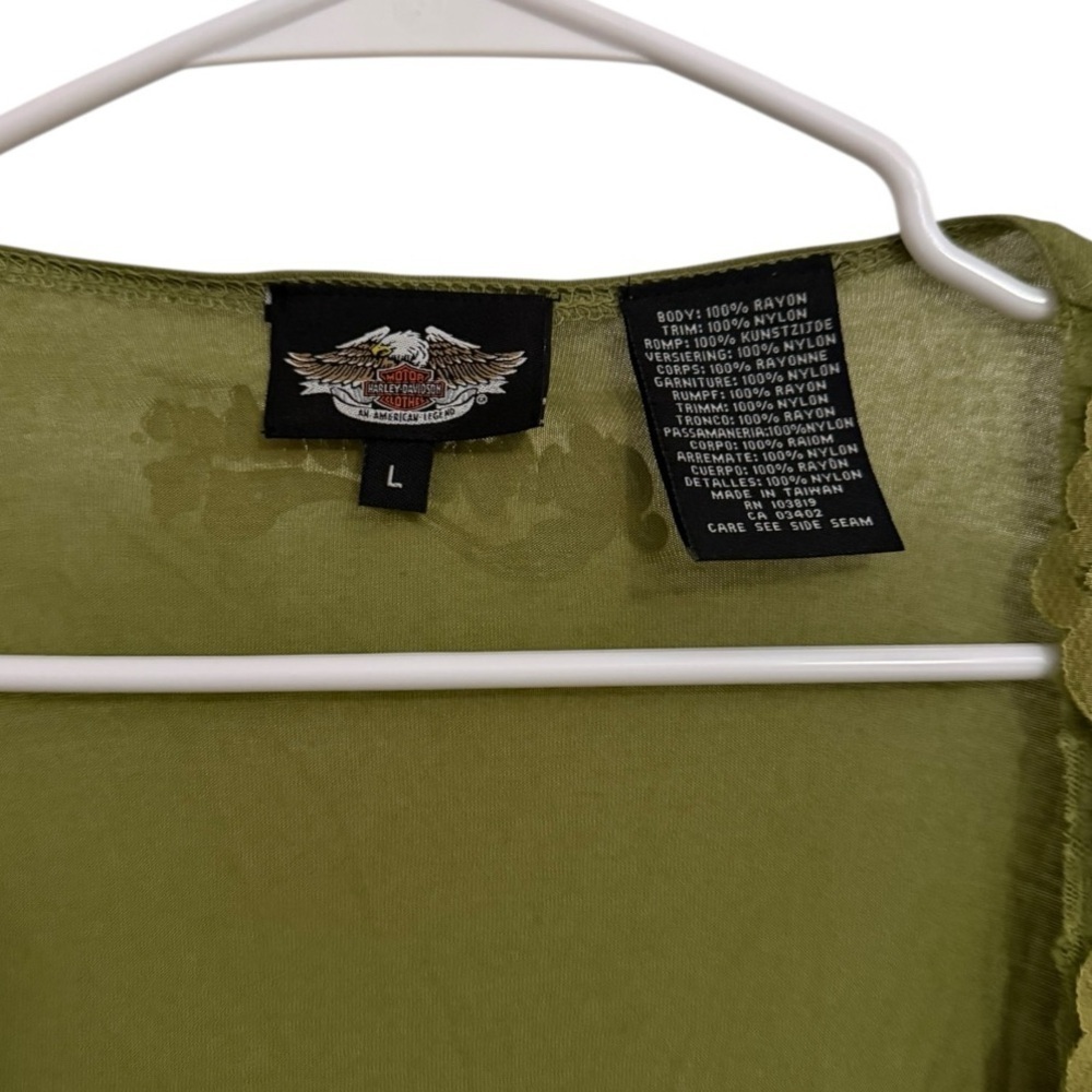 Harley Davidson Y2K 2005 Lace Trim Cropped Cardigan Olive Green Women’s Large - Picture 2 of 5